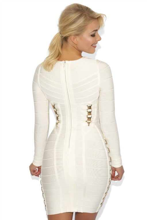 Long Sleeve Embellished Bandage Dress White