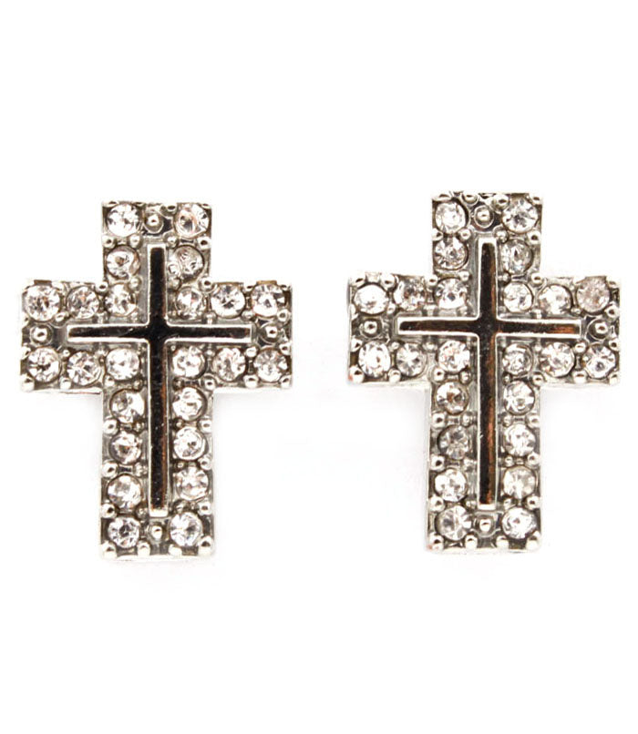 Silver Crystal Cross Stud Earrings