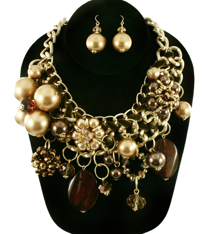 'Zara' Beaded Pearl Necklace and Earring Set - Red