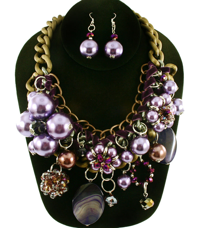 'Zara' Beaded Pearl Necklace and Earring Set - Red