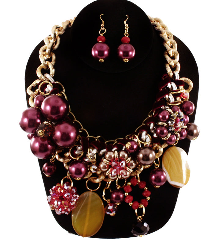 'Zara' Beaded Pearl Necklace and Earring Set - Red