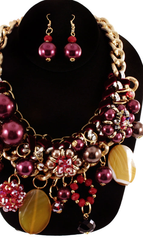 'Zara' Beaded Pearl Necklace and Earring Set - Red