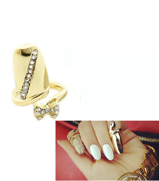 Adjustable Crystal Finger Tip Bow Nail Ring - GOLD