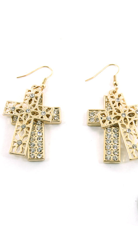“Kourtney”  Crystal Fish Hook Cross Earring - Gold