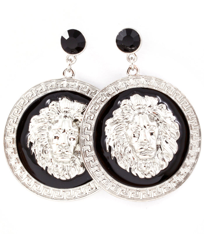 LION HEAD DROP CRYSTAL EARRINGS  - GOLD