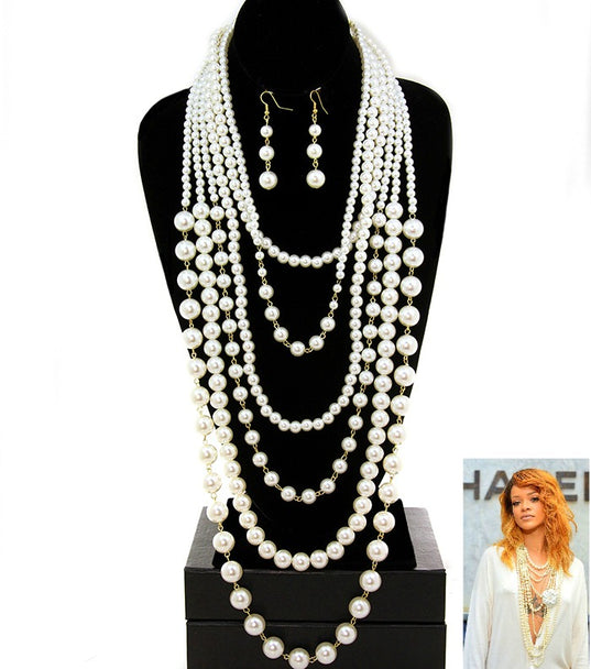 'VOGUE' LONG LAYERED PEAL NECKLACE AND EARRING SET