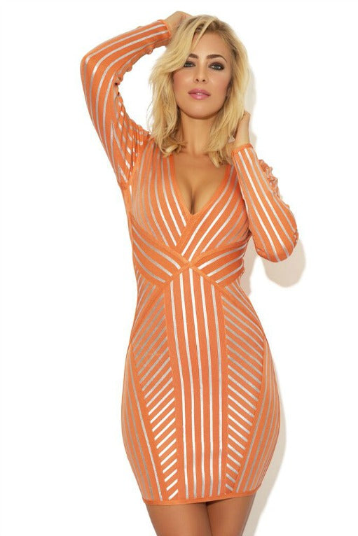 'MIMI' Orange & Silver Long Sleeve Bandage Dress