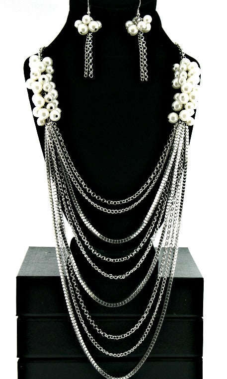 “Khloe” Long Multi Layered  Pearl Necklace and Earring Set