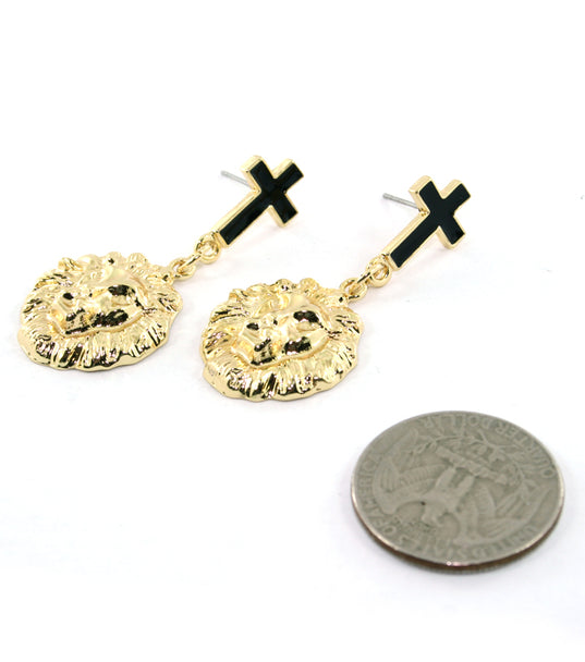 'RiRI'  Lion Head Cross Earring - Black