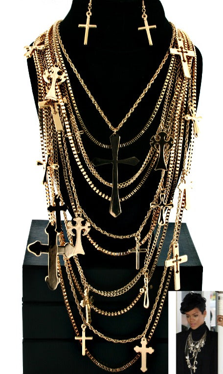 'RIRI' DESIGNER INSPIRED CROSS NECKLACE SET  - GOLD