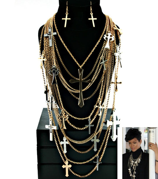 'RIRI' DESIGNER INSPIRED CROSS NECKLACE SET  - GOLD