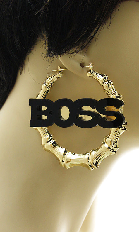 Pin-Catch Bold Metal Bamboo Word BOSS Earrings