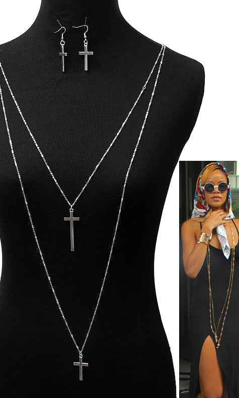 DOUBLE LAYERED CROSS NECKLACE  AND EARRING SET