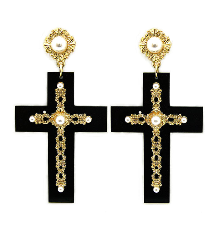“VOGUE” PEARL CROSS EARRINGS - BLACK