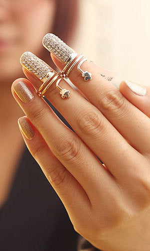 Adjustable Crystal Finger Tip Nail Ring - GOLD
